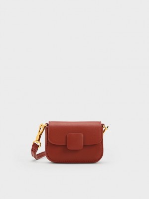 Charles & Keith Micro Koa Square Push-Lock Mini Laukut Tummanpunainen | 693854KUM